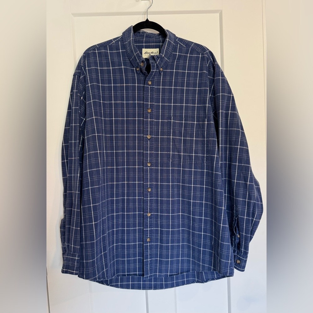 Eddie Bauer Y2K Blue Cotton Checked Button Down Shirt L Tall